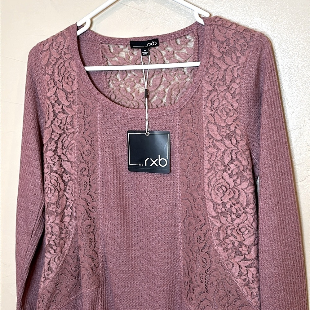 NWT Long sleeve waffle knit with lace trim Dusty Rose Womens Sz M $68 - Picture 5 of 12